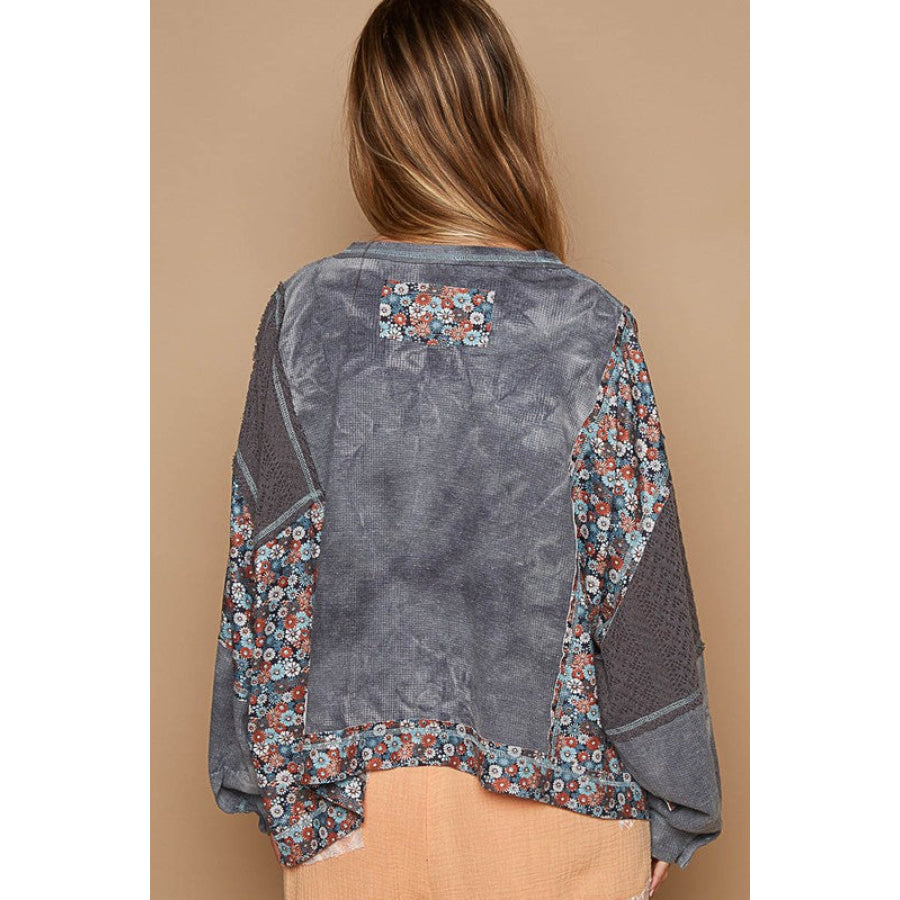 POL Floral Patchwork Round Neck Knit Top Gray / S Apparel and Accessories