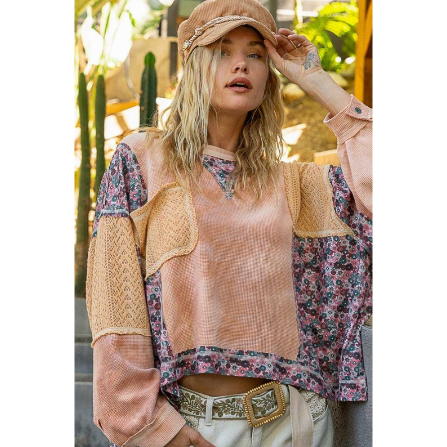 POL Floral Patchwork Round Neck Knit Top Apparel and Accessories