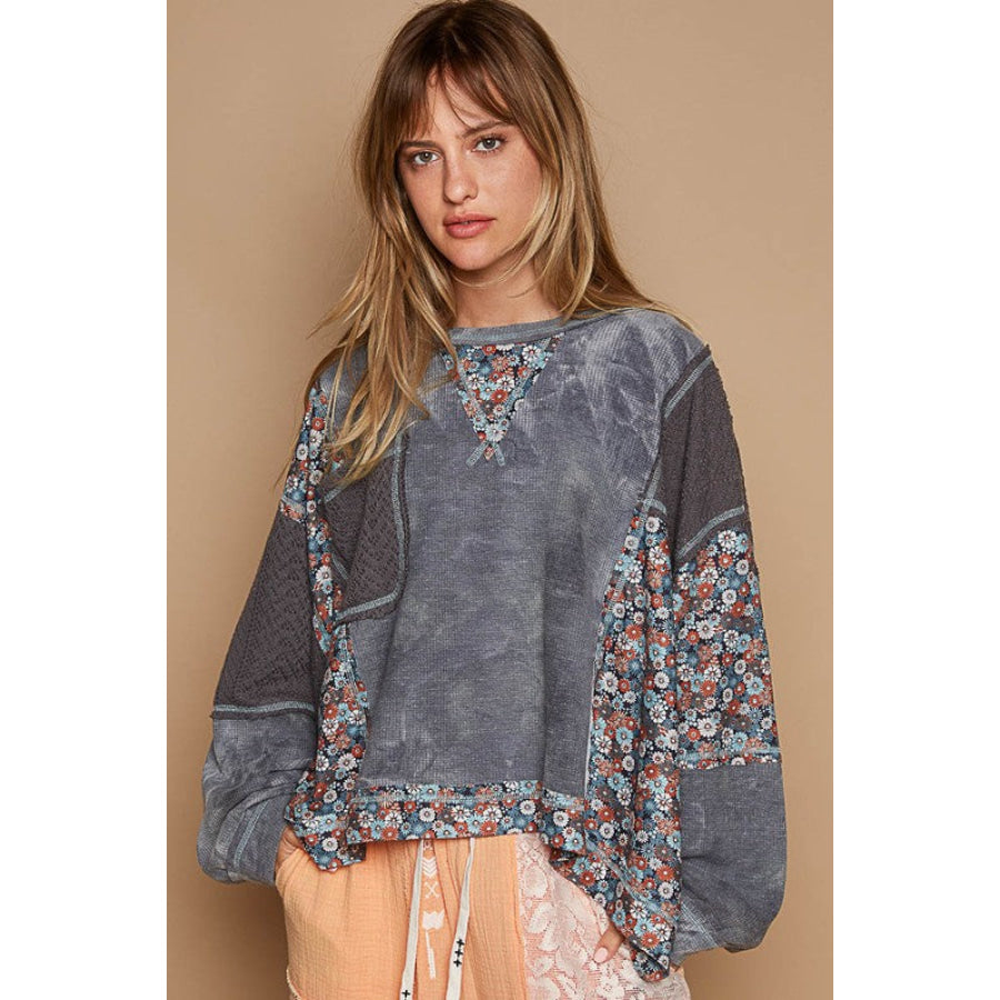 POL Floral Patchwork Round Neck Knit Top Gray / S Apparel and Accessories