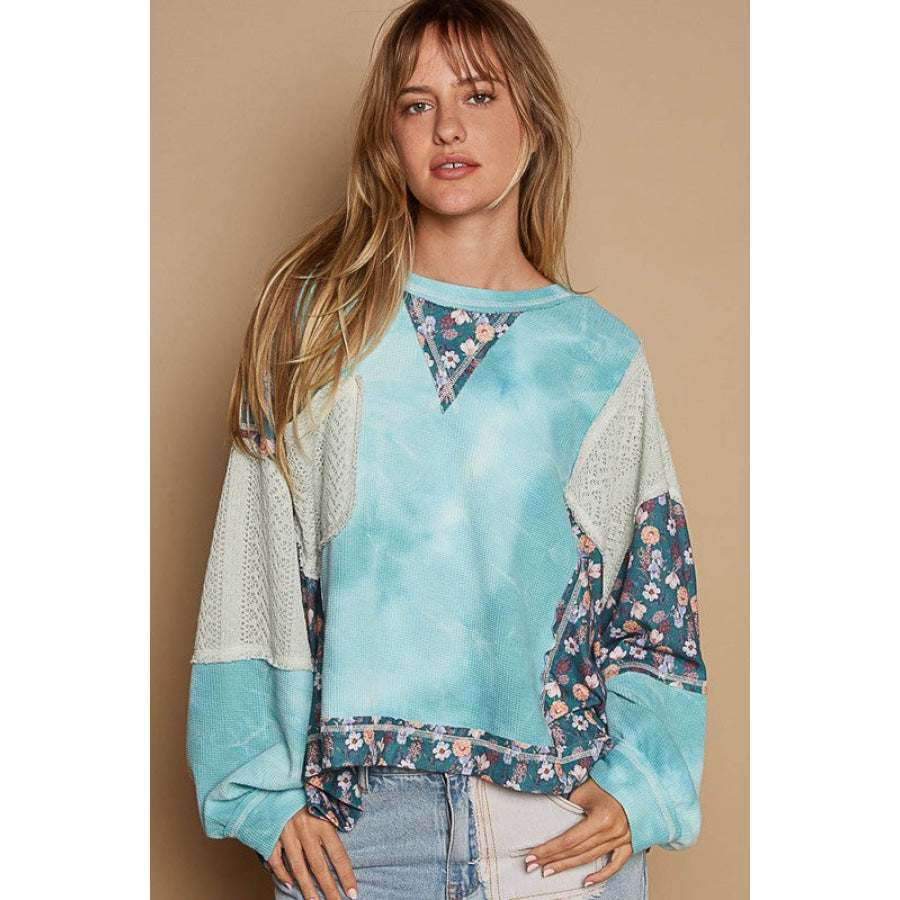 POL Floral Patchwork Round Neck Knit Top Teal / S Apparel and Accessories