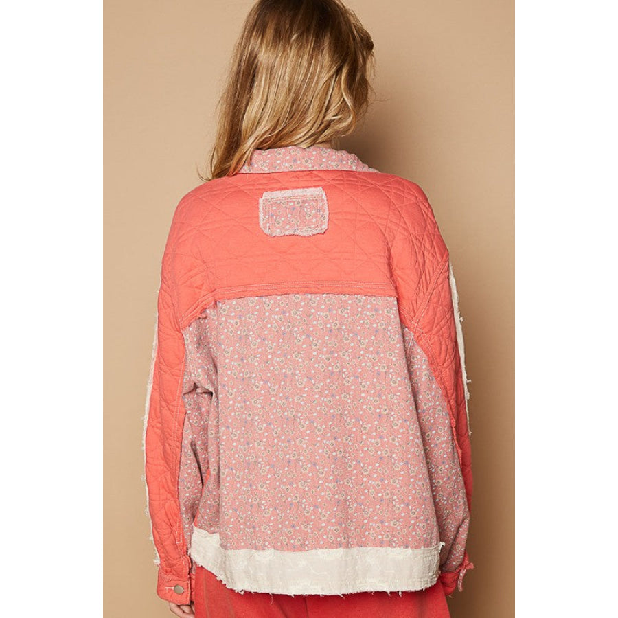 POL Floral Patchwork Zip Up Long Sleeve Jacket Coral / S Apparel and Accessories