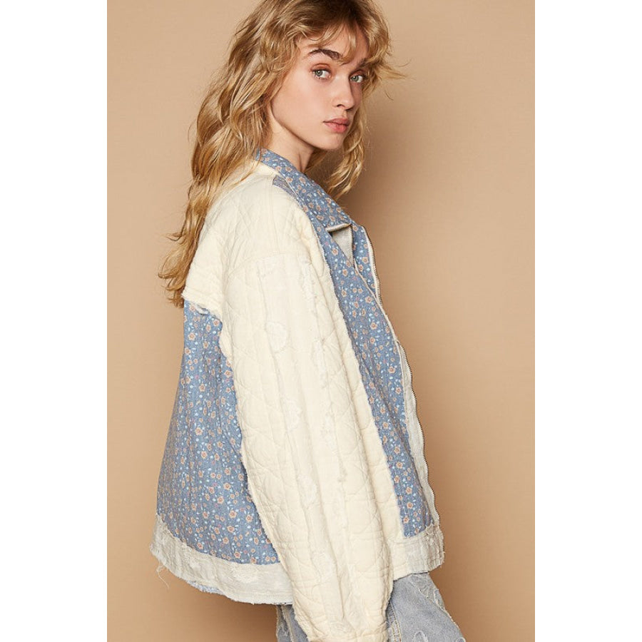 POL Floral Patchwork Zip Up Long Sleeve Jacket Apparel and Accessories