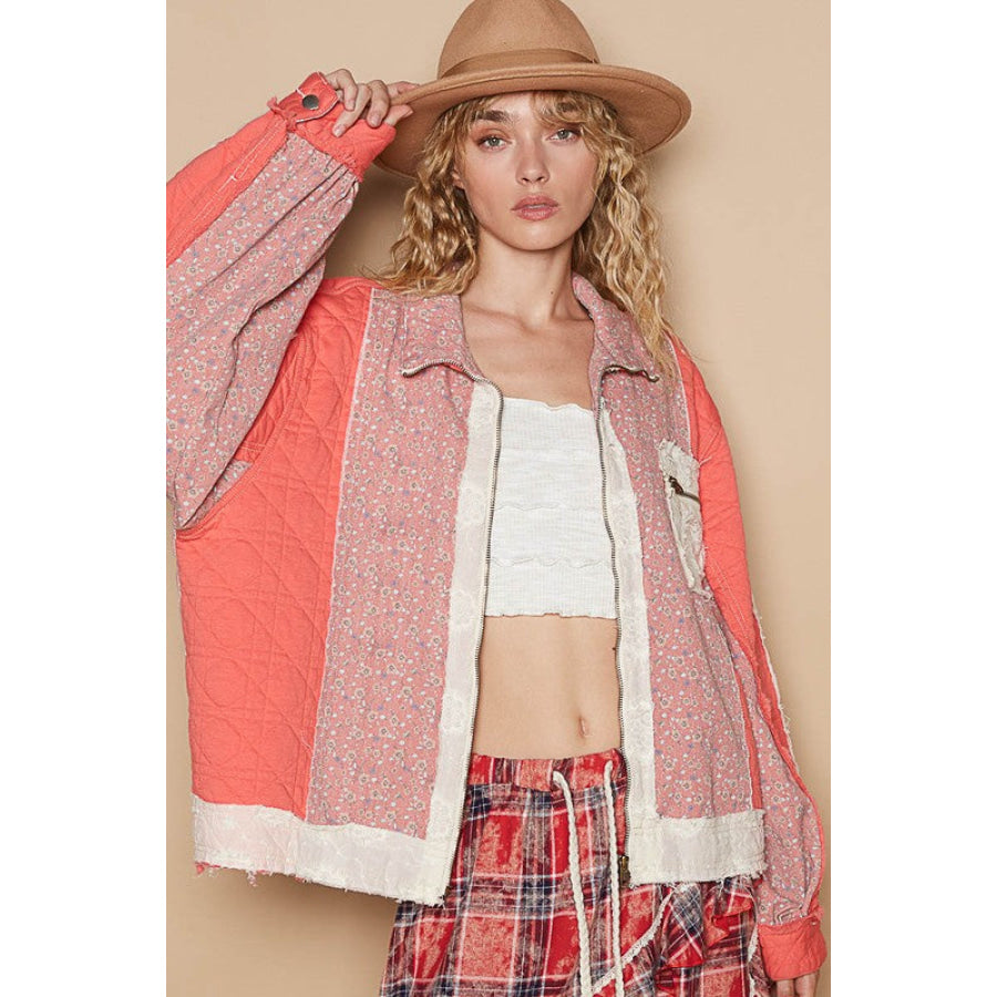POL Floral Patchwork Zip Up Long Sleeve Jacket Coral / S Apparel and Accessories