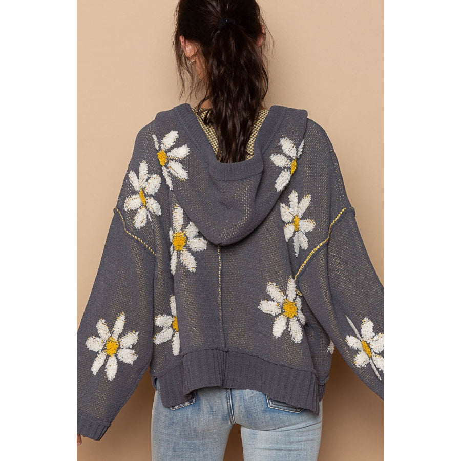 POL Floral Pattern Hooded High-Low Sweater Apparel and Accessories