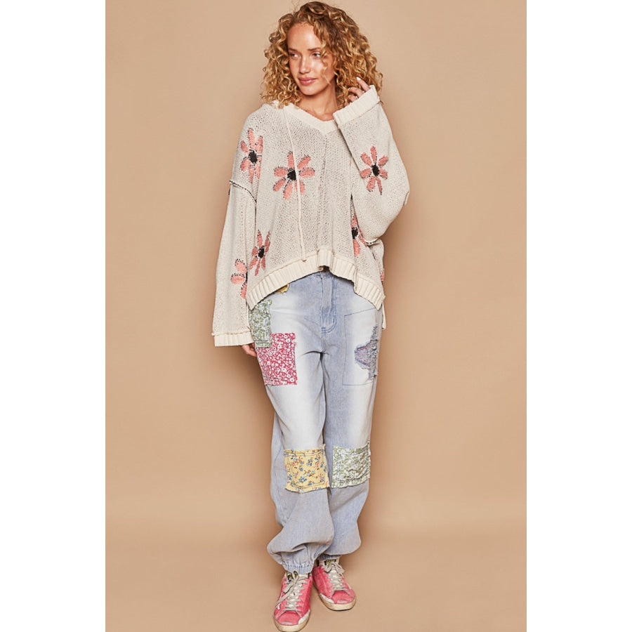 POL Floral Pattern Hooded High-Low Sweater Apparel and Accessories