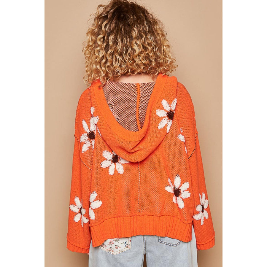 POL Floral Pattern Hooded High-Low Sweater Apparel and Accessories