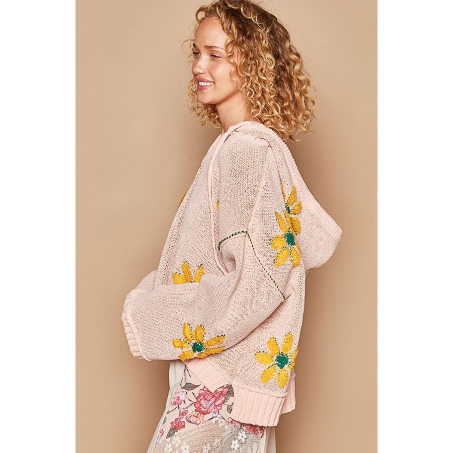 POL Floral Pattern Hooded High-Low Sweater Apparel and Accessories