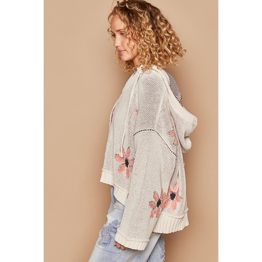 POL Floral Pattern Hooded High-Low Sweater Apparel and Accessories