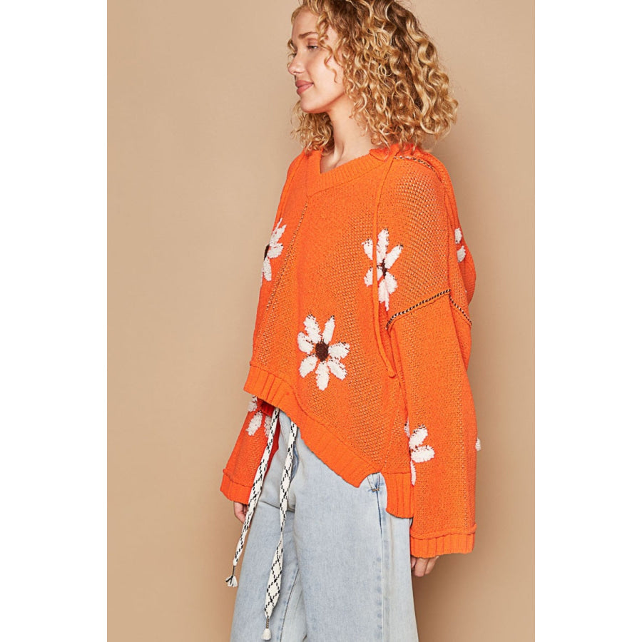 POL Floral Pattern Hooded High-Low Sweater Apparel and Accessories