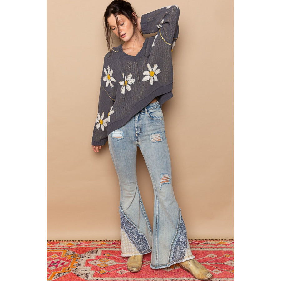 POL Floral Pattern Hooded High-Low Sweater Apparel and Accessories