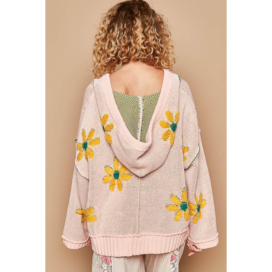 POL Floral Pattern Hooded High-Low Sweater Apparel and Accessories