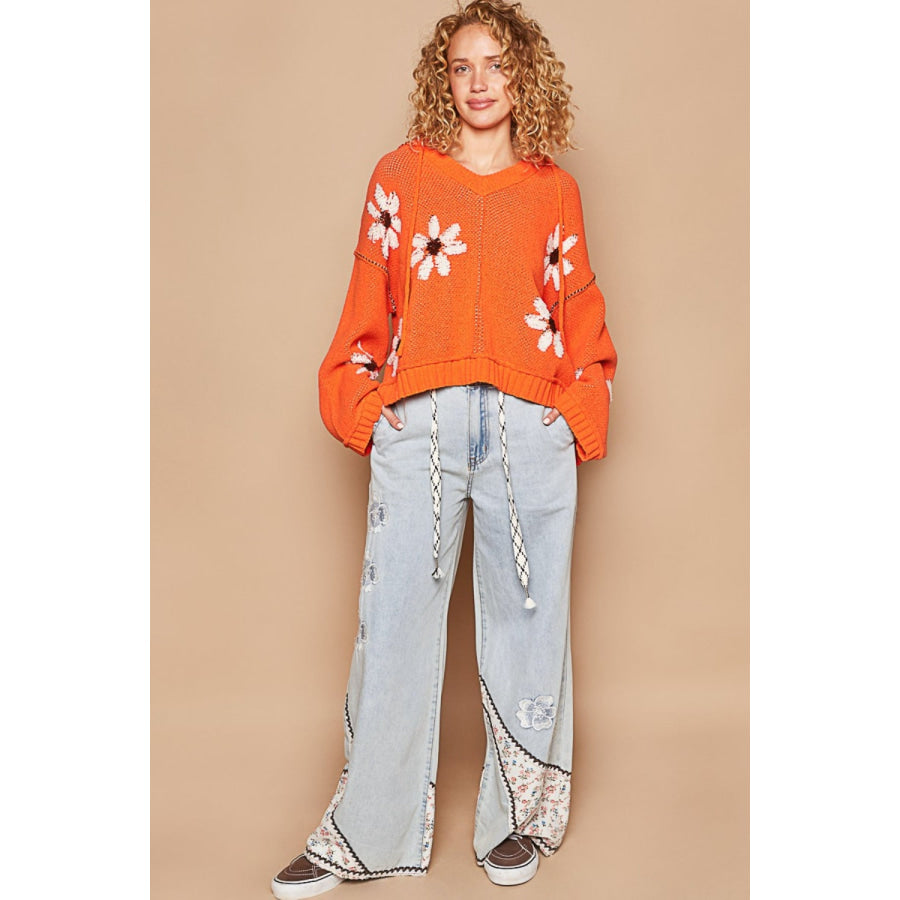 POL Floral Pattern Hooded High-Low Sweater Apparel and Accessories