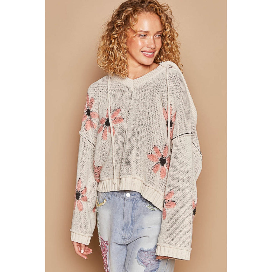 POL Floral Pattern Hooded High-Low Sweater Apparel and Accessories