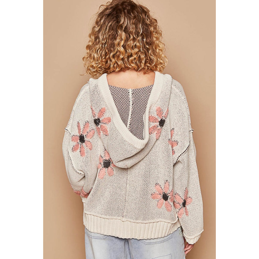 POL Floral Pattern Hooded High-Low Sweater Apparel and Accessories