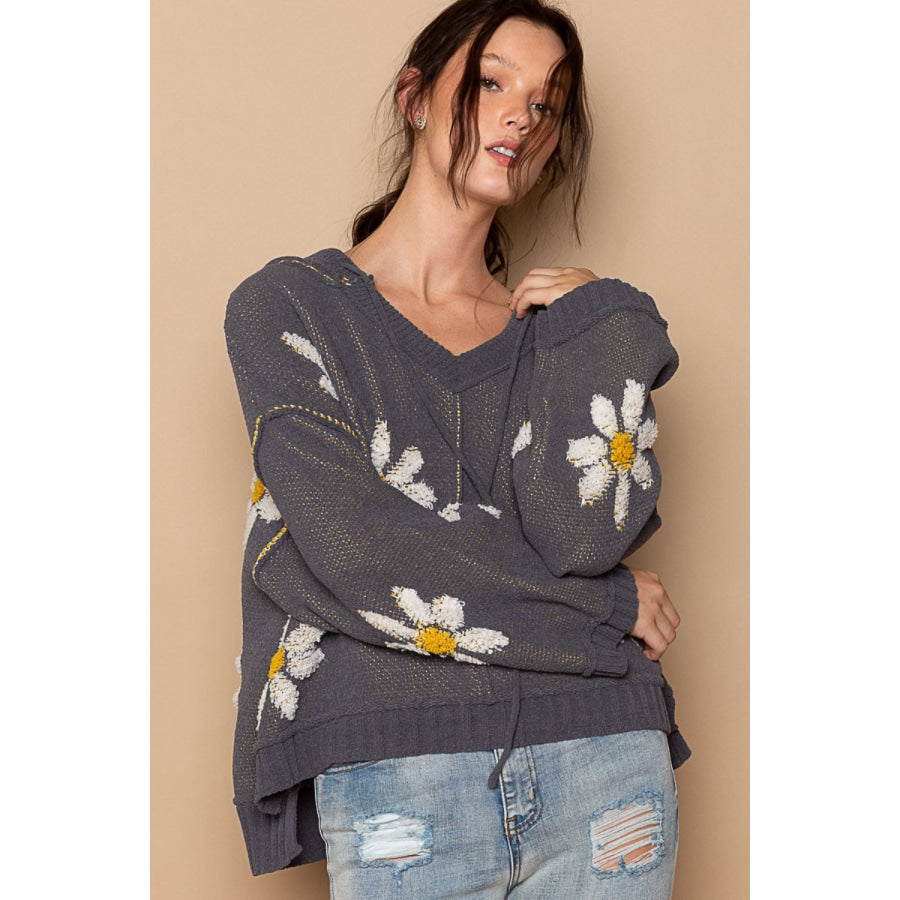 POL Floral Pattern Hooded High-Low Sweater Charcoal / S Apparel and Accessories