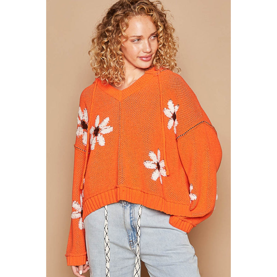 POL Floral Pattern Hooded High-Low Sweater Orange / S Apparel and Accessories