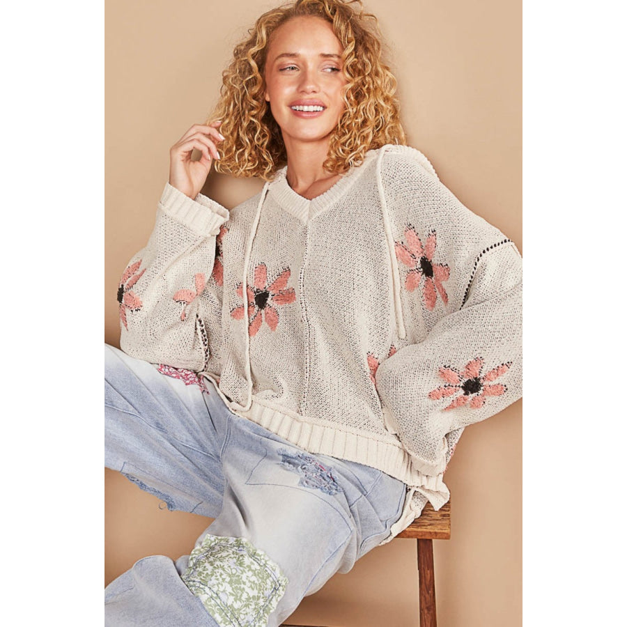 POL Floral Pattern Hooded High-Low Sweater Pale Almond / S Apparel and Accessories