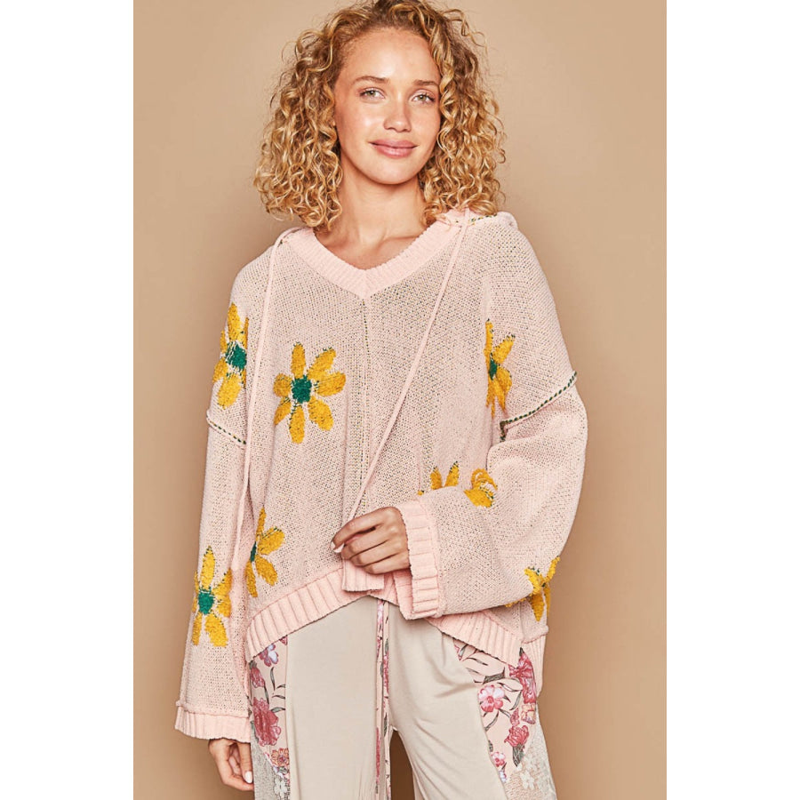 POL Floral Pattern Hooded High-Low Sweater Pink / S Apparel and Accessories