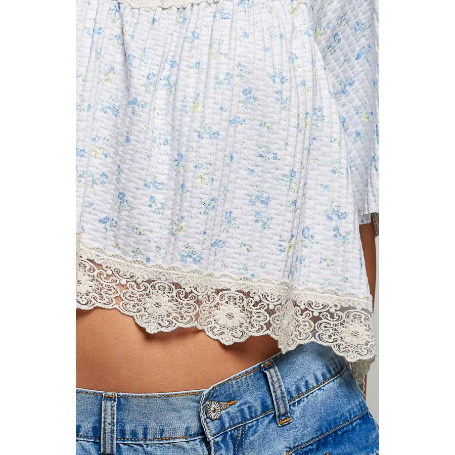 POL Floral Print Lace Trim Blouse Apparel and Accessories