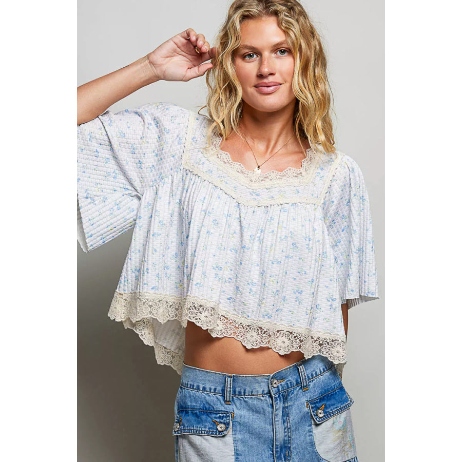 POL Floral Print Lace Trim Blouse Apparel and Accessories
