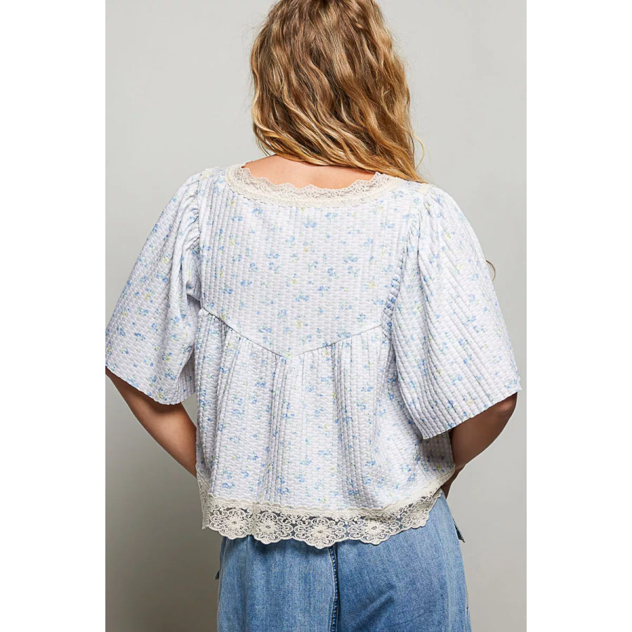 POL Floral Print Lace Trim Blouse Apparel and Accessories