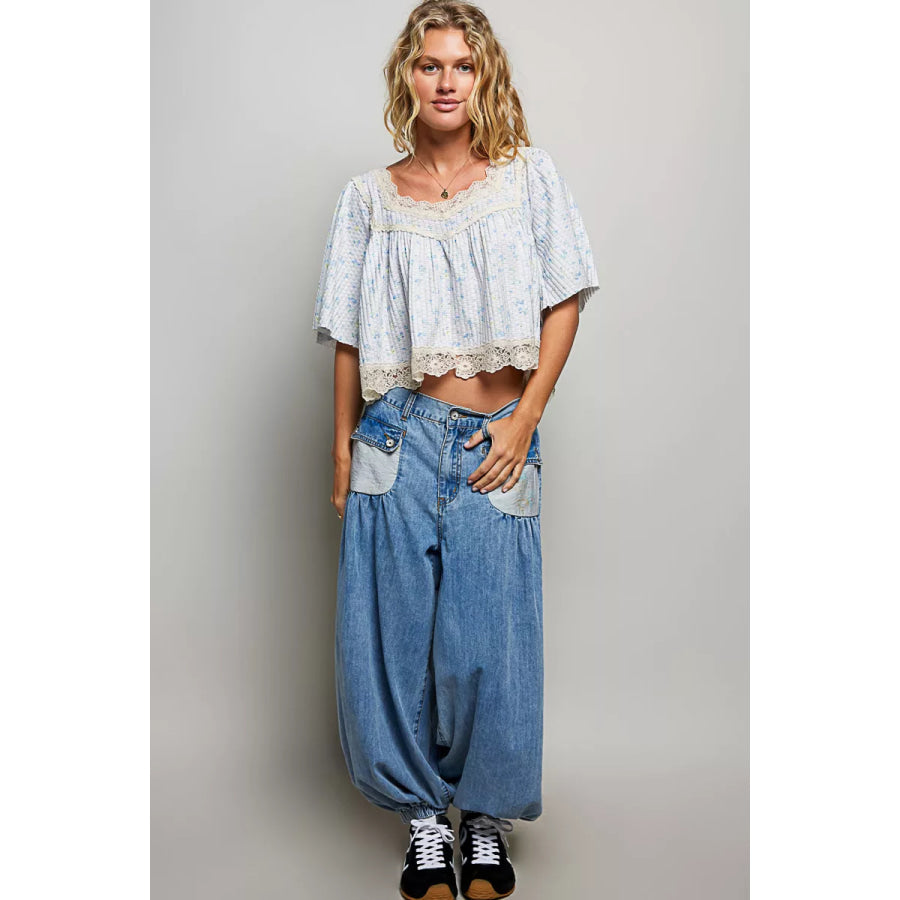 POL Floral Print Lace Trim Blouse Apparel and Accessories
