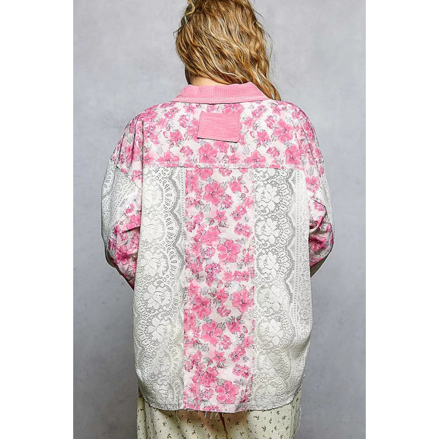 POL Floral Print Long Sleeve Lace Shirt with Front Pocket Apparel and Accessories