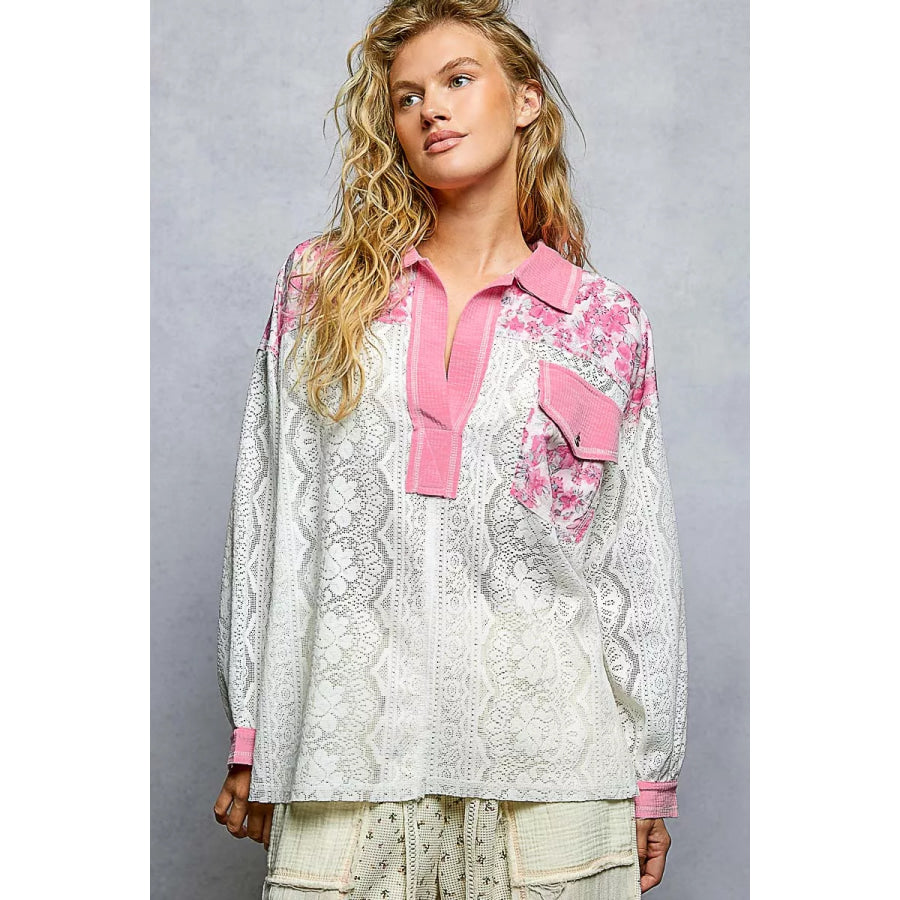 POL Floral Print Long Sleeve Lace Shirt with Front Pocket CANDY PINK / S Apparel and Accessories