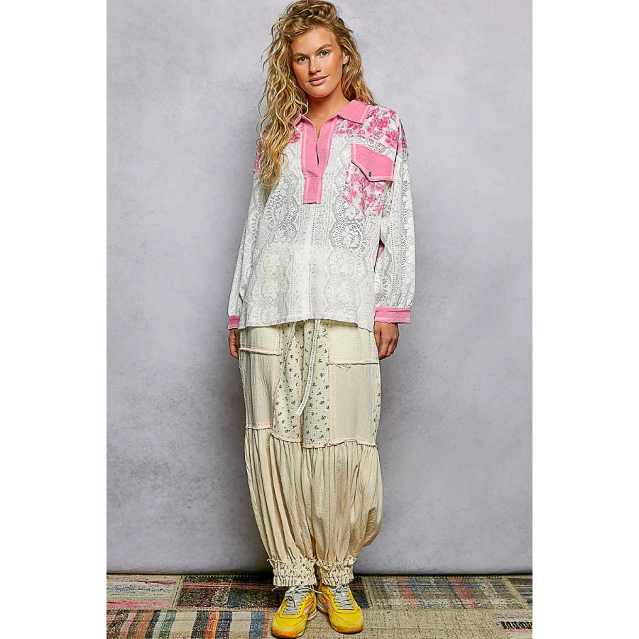 POL Floral Print Long Sleeve Lace Shirt with Front Pocket Apparel and Accessories