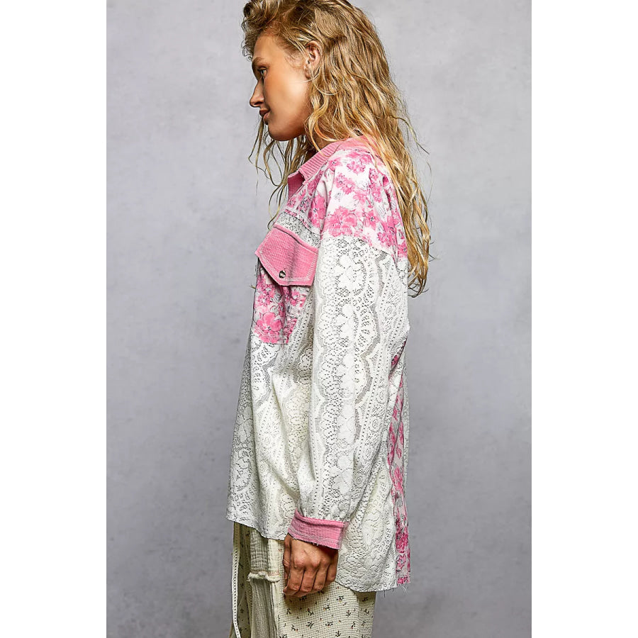 POL Floral Print Long Sleeve Lace Shirt with Front Pocket Apparel and Accessories