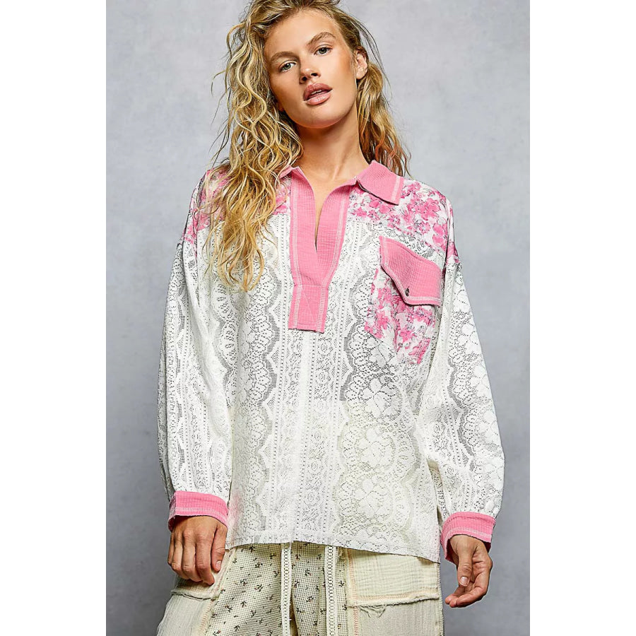 POL Floral Print Long Sleeve Lace Shirt with Front Pocket CANDY PINK / S Apparel and Accessories