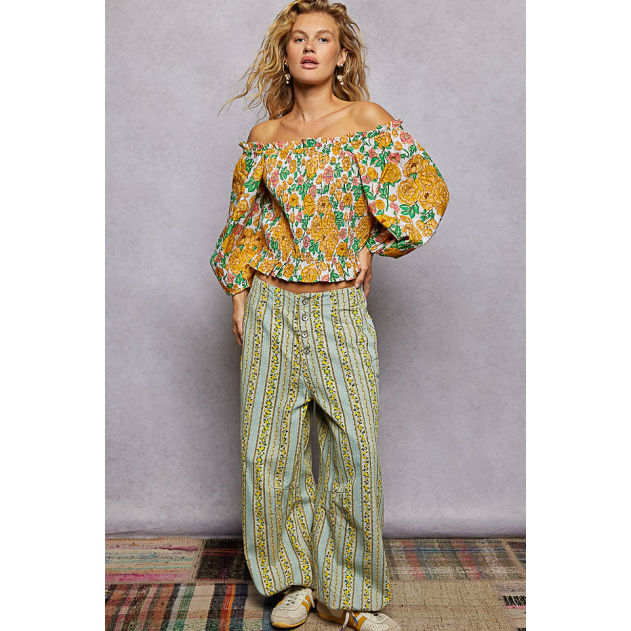 POL Floral Print Off-Shoulder Smocked Blouse Apparel and Accessories
