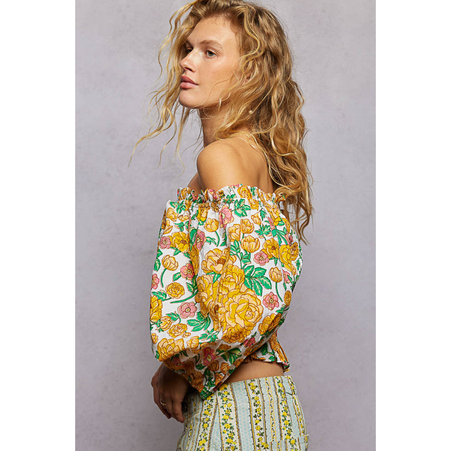 POL Floral Print Off-Shoulder Smocked Blouse Apparel and Accessories