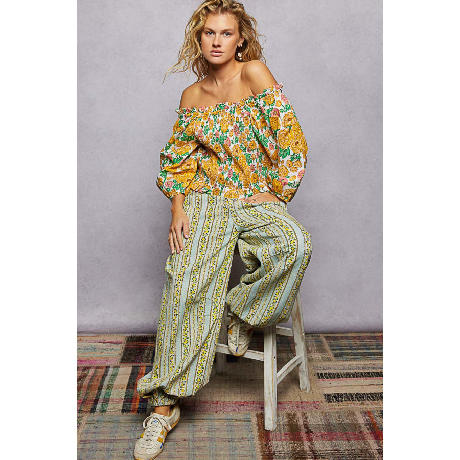 POL Floral Print Off-Shoulder Smocked Blouse Apparel and Accessories