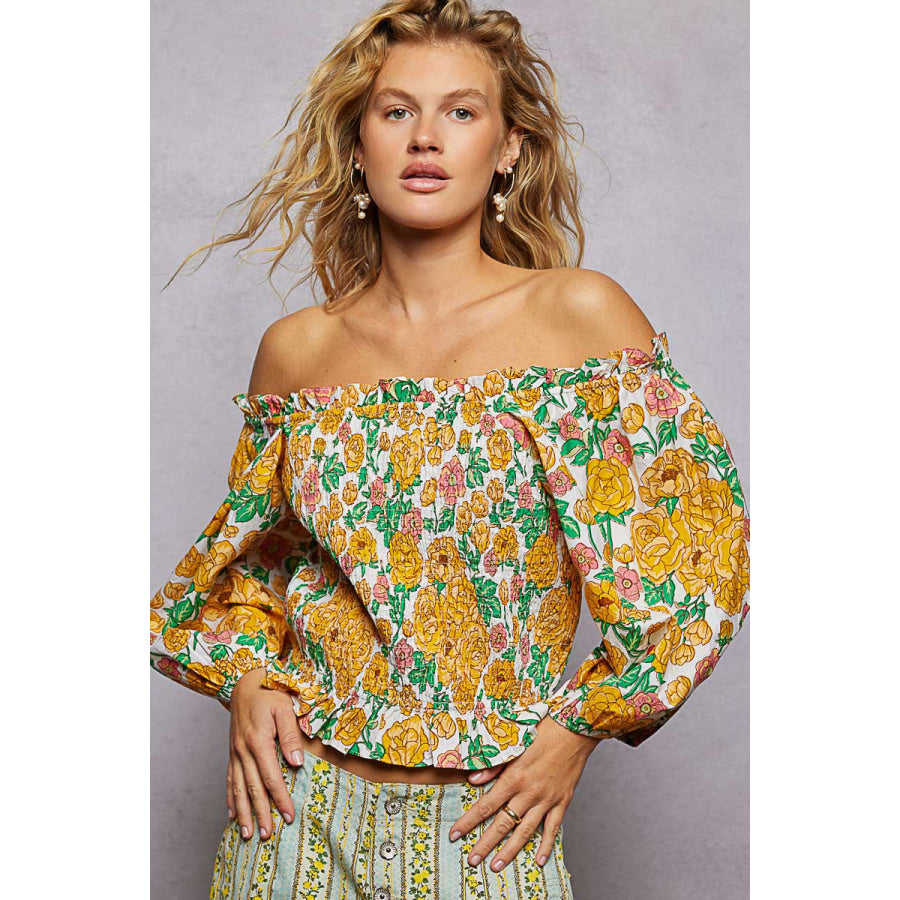 POL Floral Print Off-Shoulder Smocked Blouse HONEY MULTI / S Apparel and Accessories