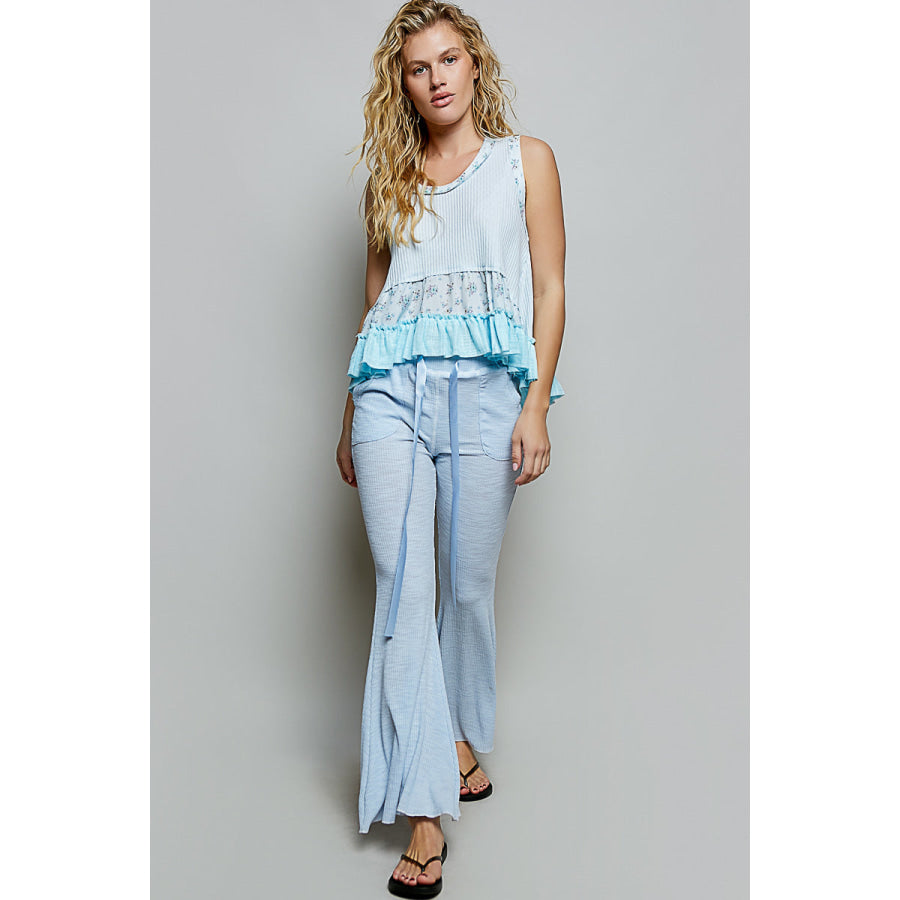 POL Floral Print Patche Round Neck Ribbed Tank with Double Gauze Ruffle Accents Apparel and Accessories