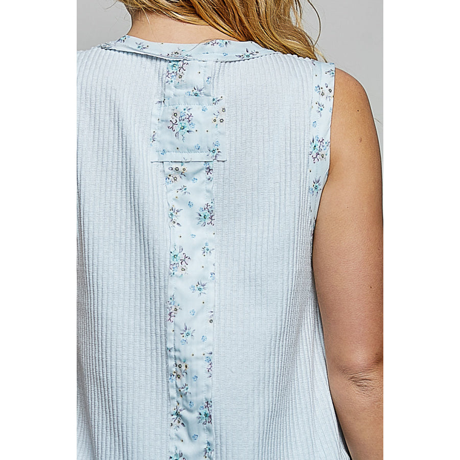 POL Floral Print Patche Round Neck Ribbed Tank with Double Gauze Ruffle Accents Apparel and Accessories