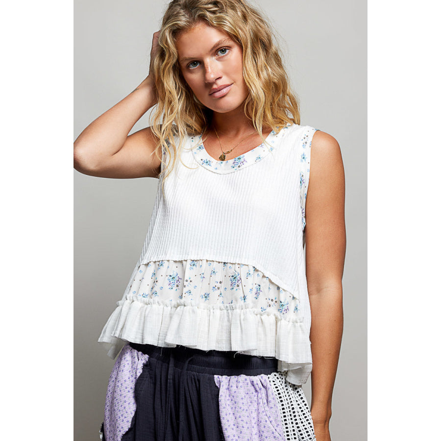 POL Floral Print Patche Round Neck Ribbed Tank with Double Gauze Ruffle Accents OFF WHITE / S Apparel and Accessories
