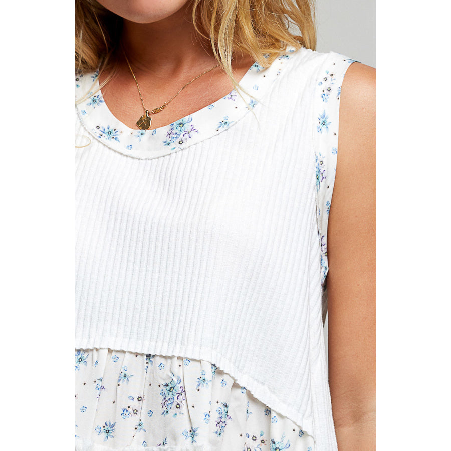 POL Floral Print Patche Round Neck Ribbed Tank with Double Gauze Ruffle Accents Apparel and Accessories