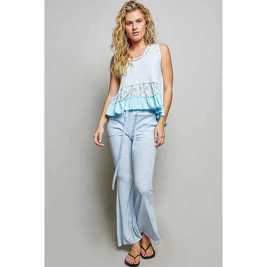 POL Floral Print Patche Round Neck Ribbed Tank with Double Gauze Ruffle Accents Apparel and Accessories