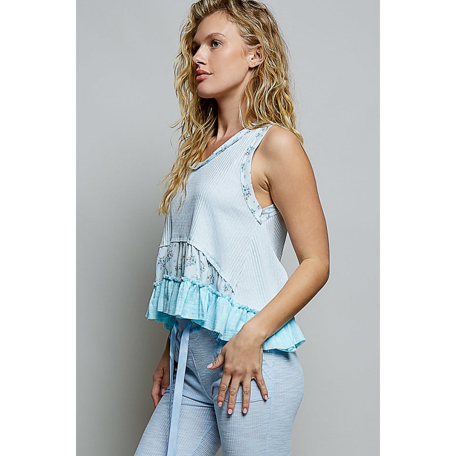 POL Floral Print Patche Round Neck Ribbed Tank with Double Gauze Ruffle Accents Apparel and Accessories