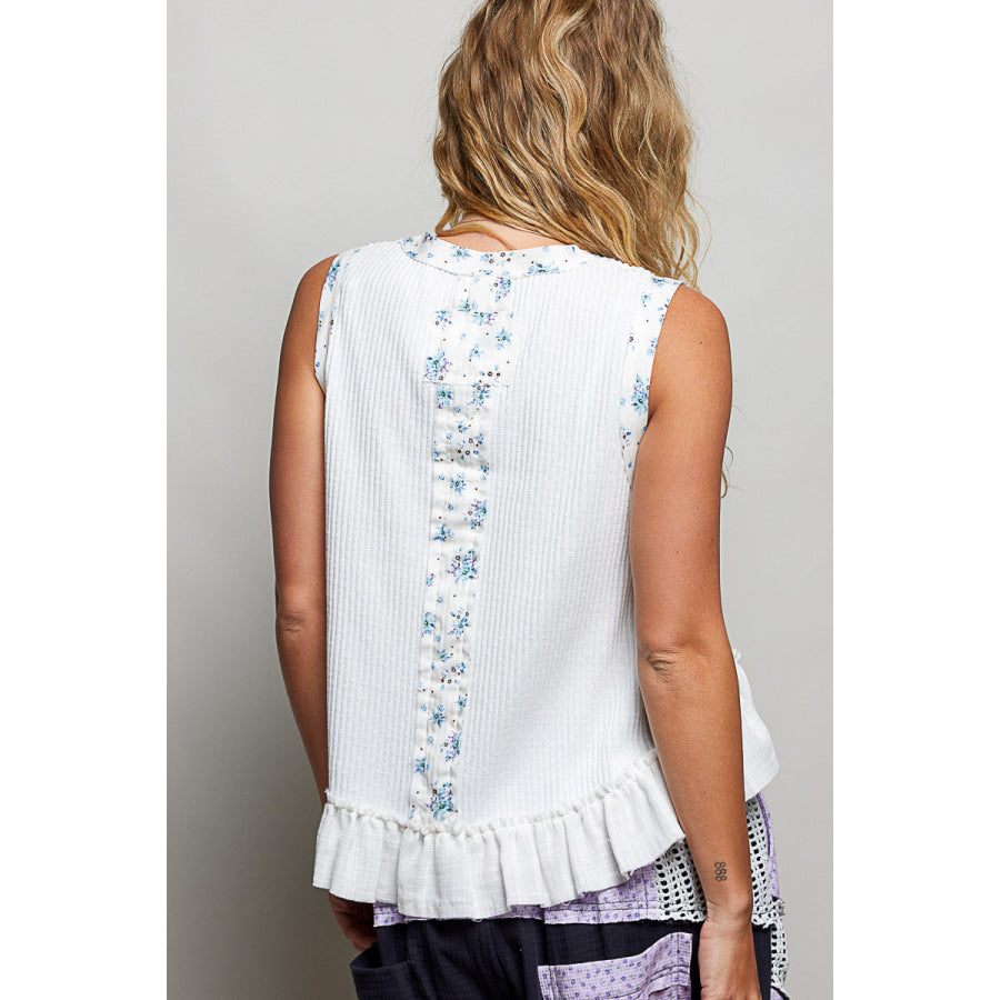 POL Floral Print Patche Round Neck Ribbed Tank with Double Gauze Ruffle Accents Apparel and Accessories