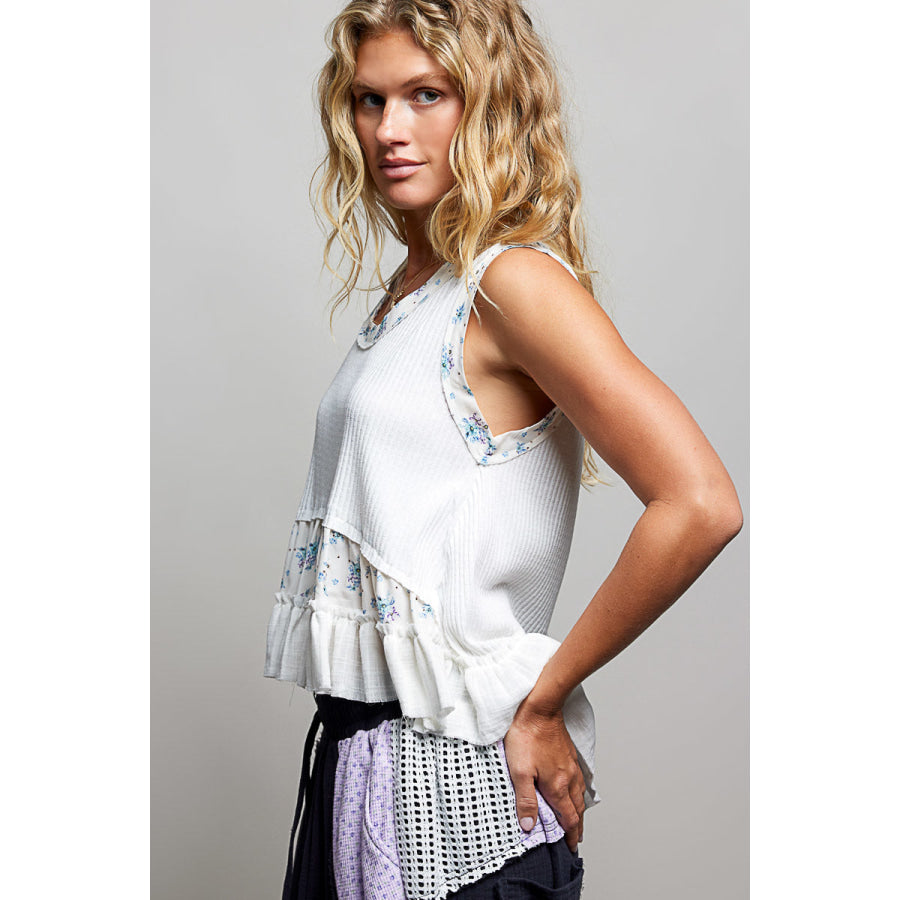 POL Floral Print Patche Round Neck Ribbed Tank with Double Gauze Ruffle Accents Apparel and Accessories