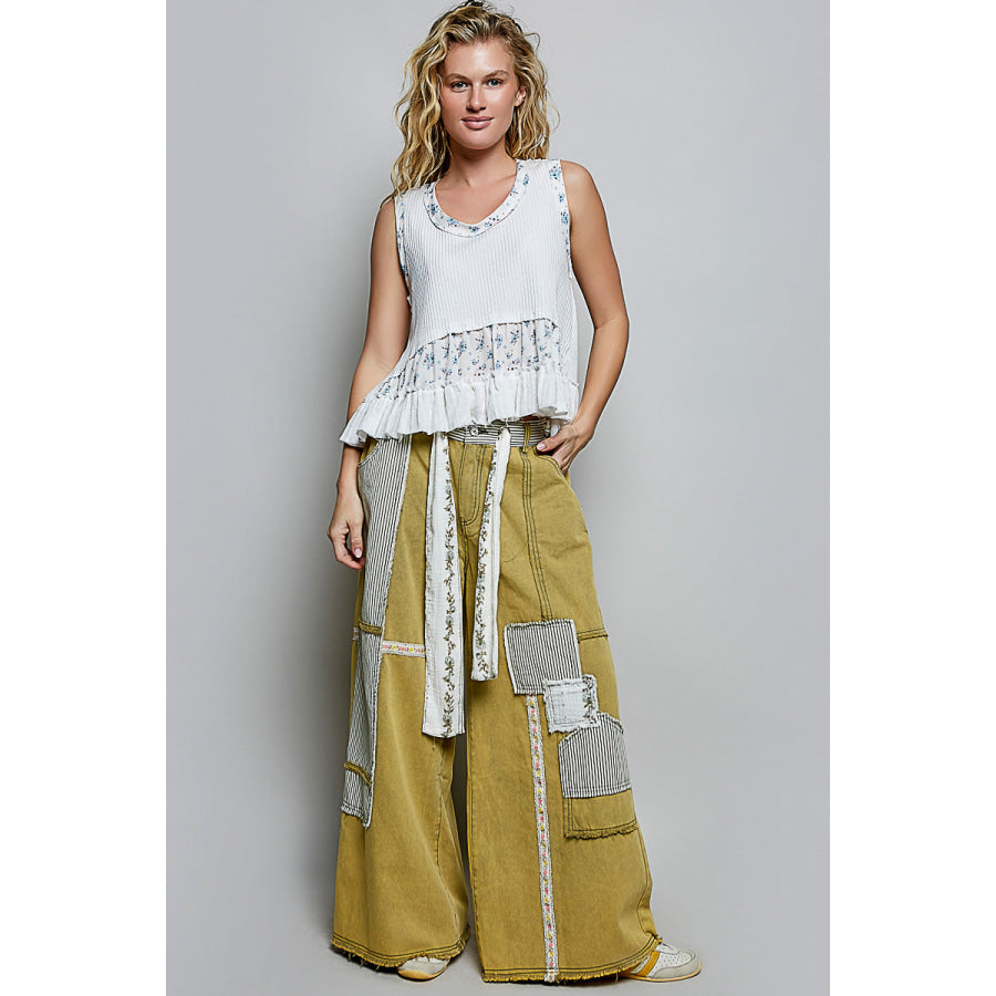 POL Floral Print Patche Round Neck Ribbed Tank with Double Gauze Ruffle Accents Apparel and Accessories