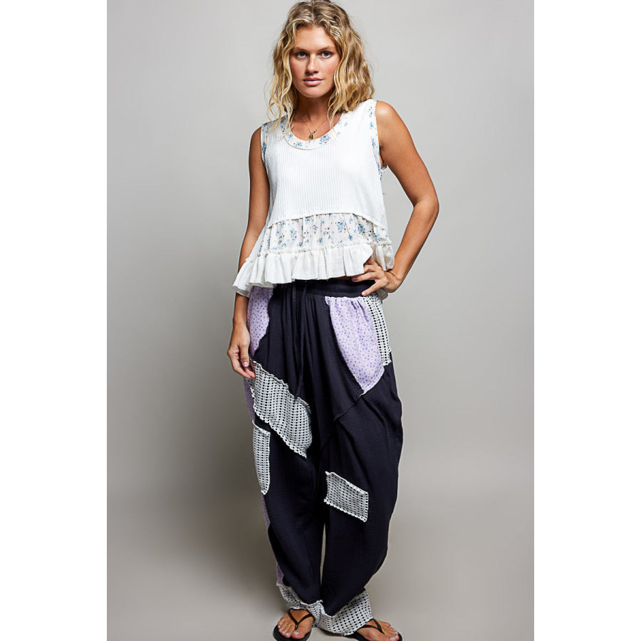 POL Floral Print Patche Round Neck Ribbed Tank with Double Gauze Ruffle Accents Apparel and Accessories
