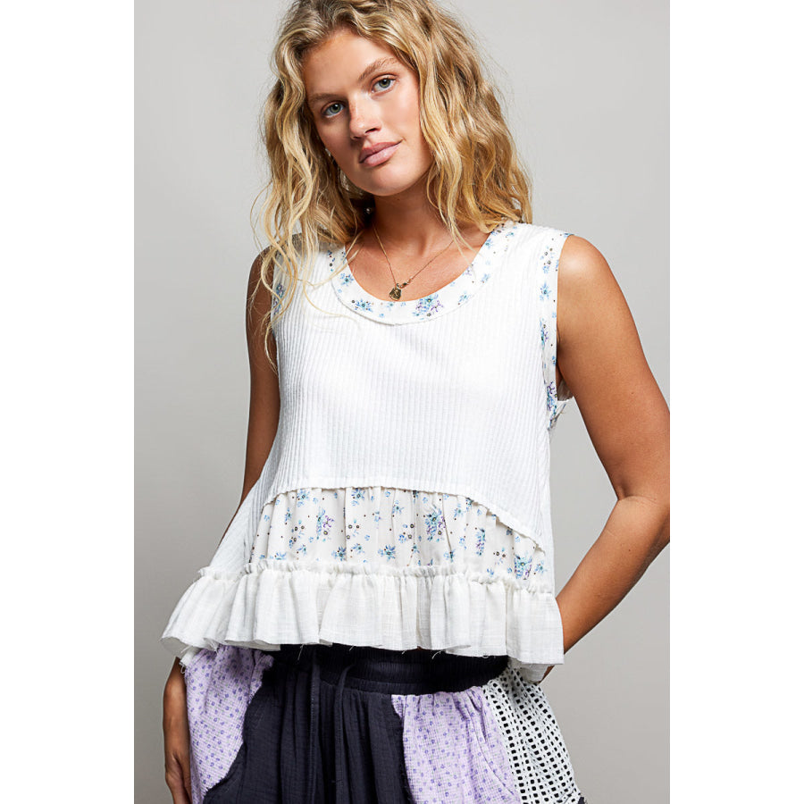 POL Floral Print Patche Round Neck Ribbed Tank with Double Gauze Ruffle Accents OFF WHITE / S Apparel and Accessories