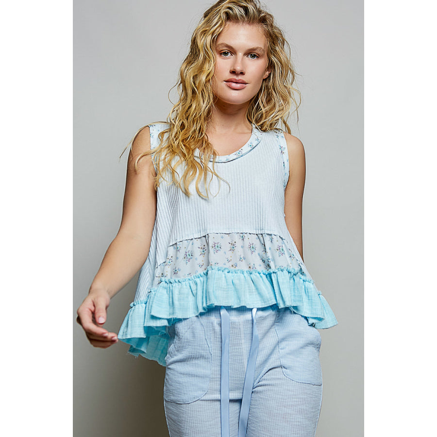 POL Floral Print Patche Round Neck Ribbed Tank with Double Gauze Ruffle Accents POWDER BLUE / S Apparel and Accessories