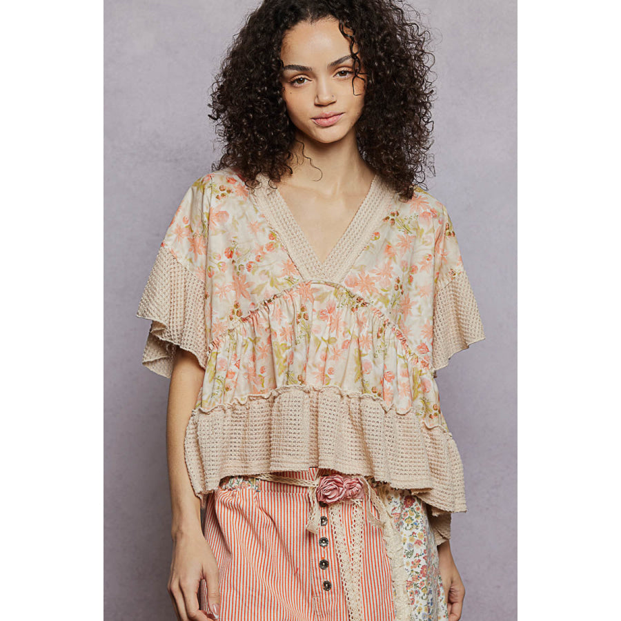 POL Floral Print V-Neck Woven Blouse with Gentle Gathers ALMOND / S Apparel and Accessories