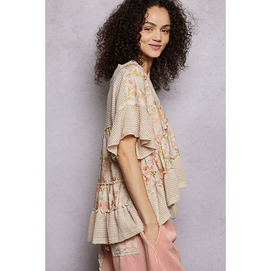 POL Floral Print V-Neck Woven Blouse with Gentle Gathers Apparel and Accessories