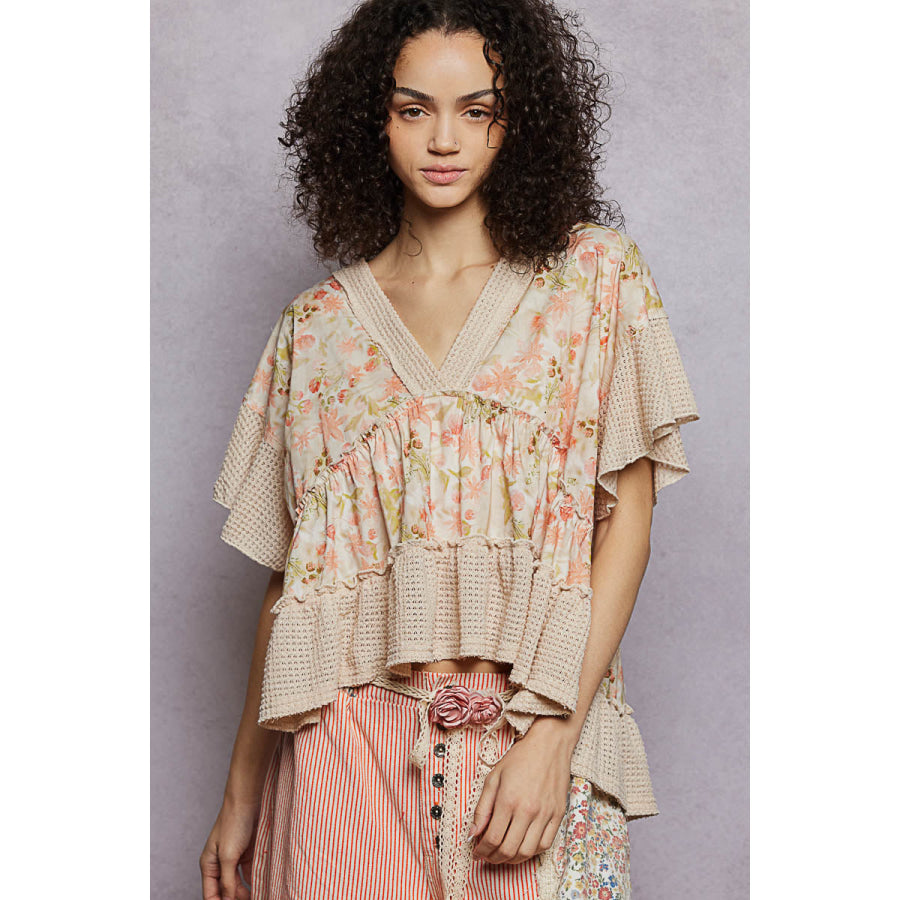 POL Floral Print V-Neck Woven Blouse with Gentle Gathers ALMOND / S Apparel and Accessories